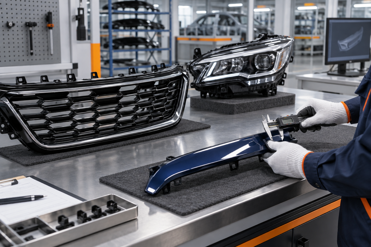 Quality inspector checking exterior automotive parts on a workbench