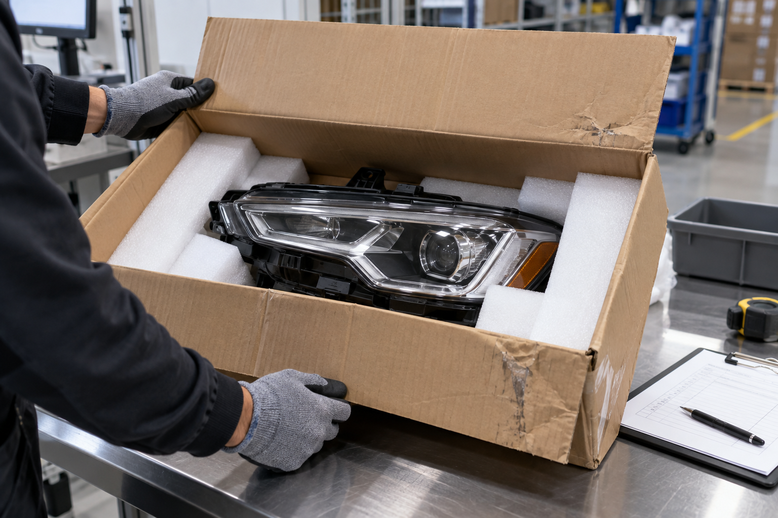 Warehouse team inspecting an automotive parts carton after delivery