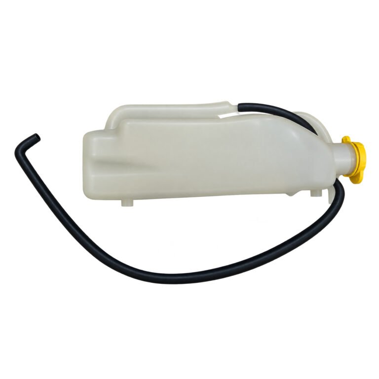 68091500AE Jeep Wrangler coolant reservoir with elongated body, recessed side, yellow end cap and curved hose pictured