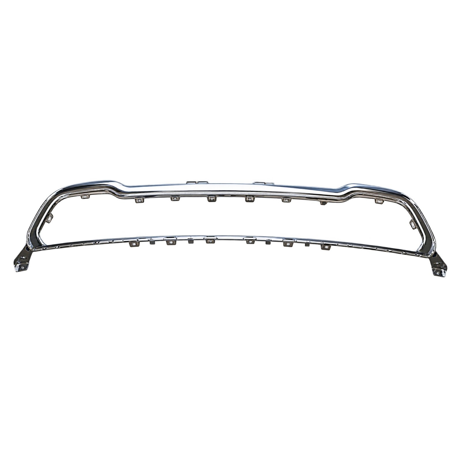 Jeep Cherokee Bright Open Frame with Closely Spaced Inner Tabs Bright Cherokee lower grille frame with an open centre, stepped rounded ends and closely spaced inner tabs