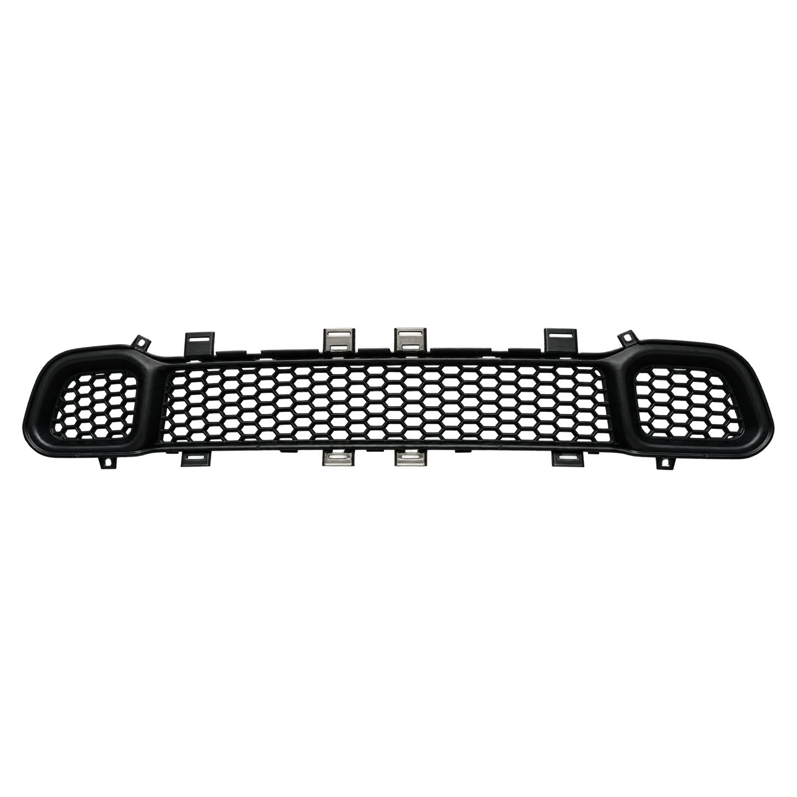 Jeep Cherokee Three Mesh Sections with Rounded Outer Ends Cherokee lower grille with a long central mesh section, rounded end sections and rectangular fixing tabs