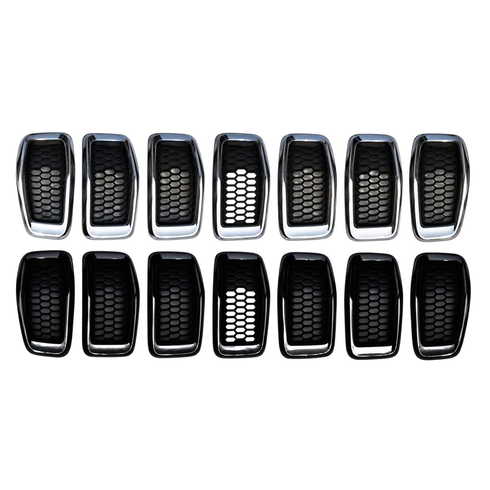 2016 Cherokee Honeycomb Grille Inserts — Bright or Black Two rows of Cherokee honeycomb grille inserts, with bright surrounds above and black surrounds below
