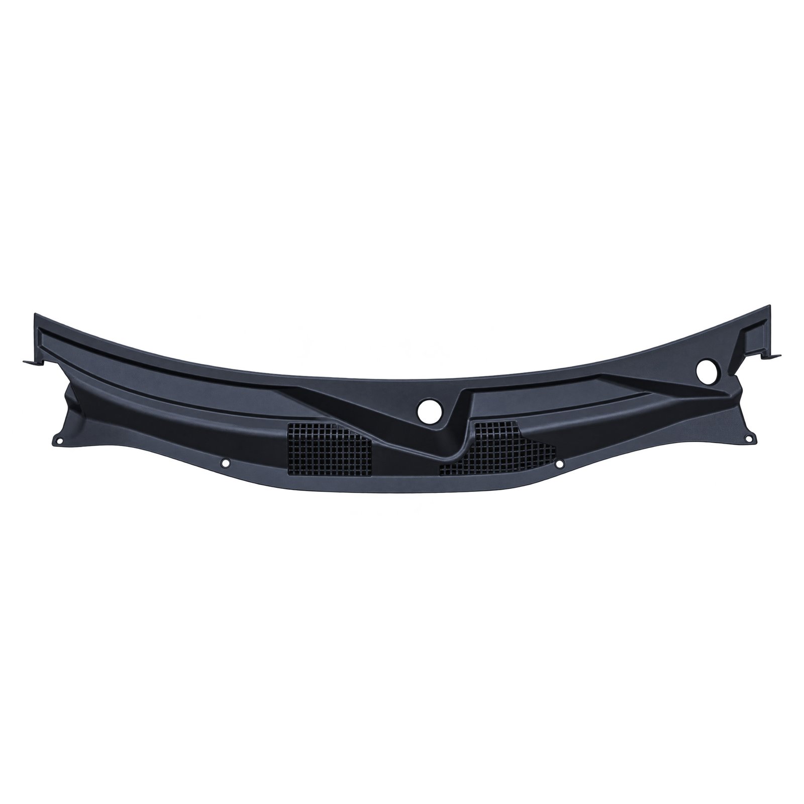 Jeep Compass Long Cowl Panel with Two Separated Mesh Areas Compass cowl vent panel with shallow V-shaped outline, two round openings and two separated lower mesh areas