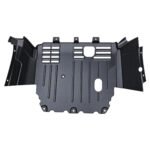 Compass engine splash shield with vertical ribs, grouped upper slots, rounded openings and tall side flanges