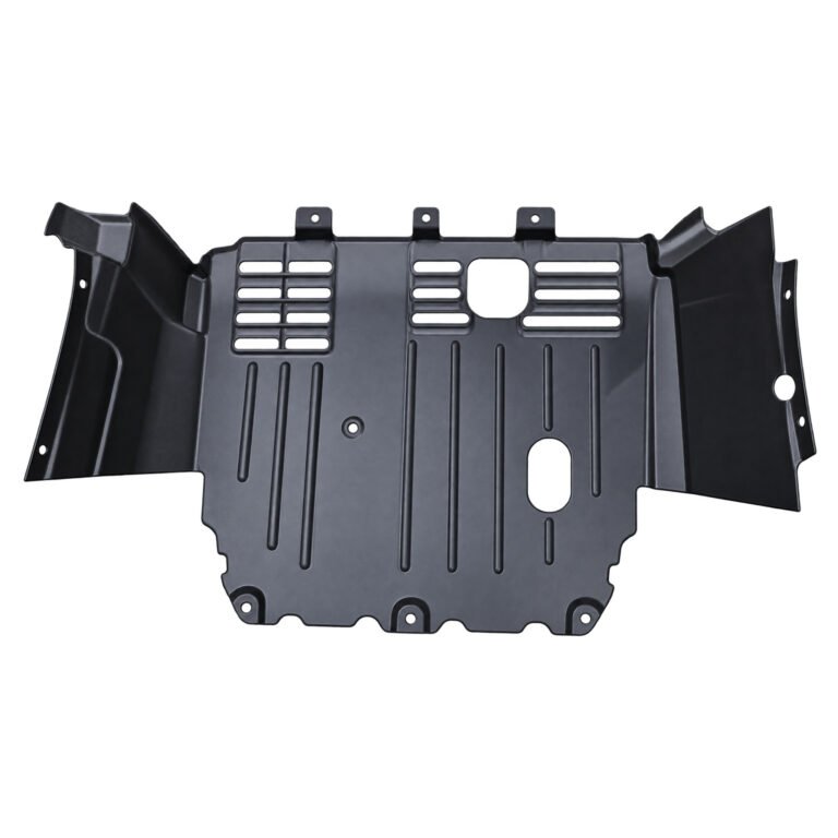Compass engine splash shield with vertical ribs, grouped upper slots, rounded openings and tall side flanges