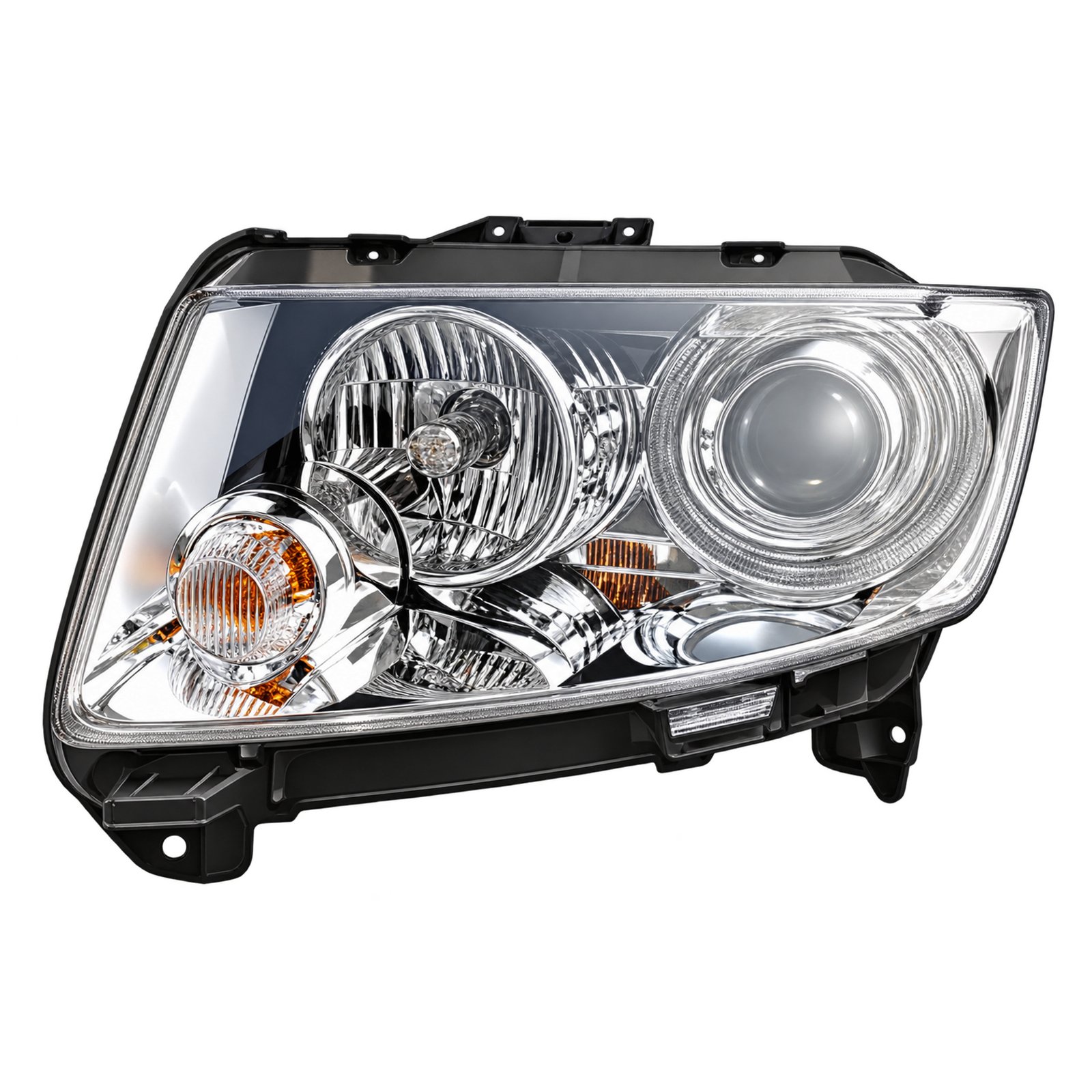 Jeep Compass Clear Face with Distinct Circular Optical Sections Compass headlight with clear angular face, bright circular optical sections, amber detail and projecting mounts