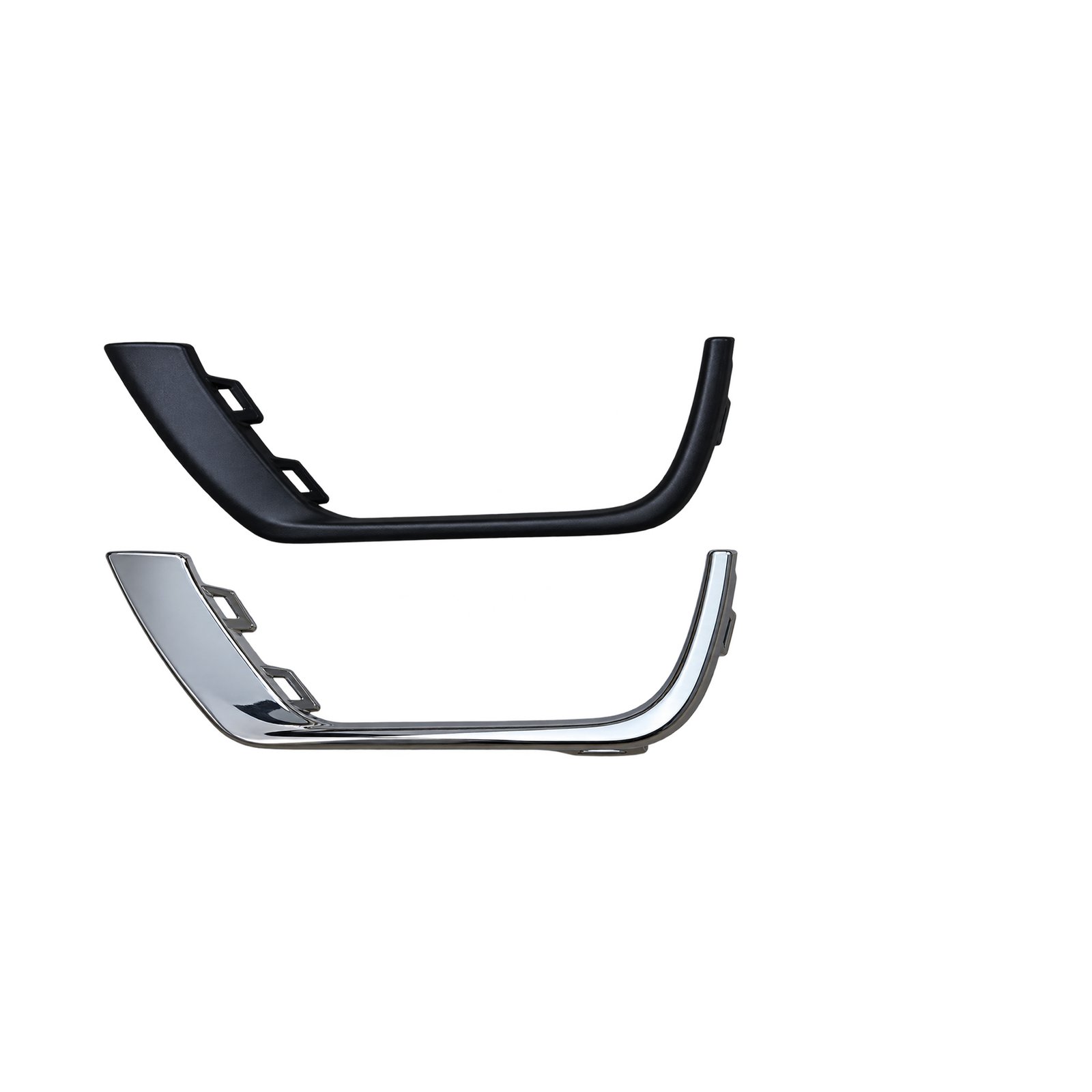 Compass 2017-2019 Fog Light Surround Trim — Dark or Bright Dark and bright Compass fog-light surround trims with open tops, unequal upright ends and rectangular attachment loops