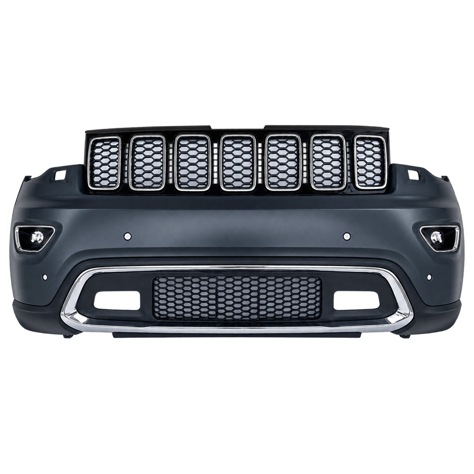Front Bumper Assembly (Chrome Trim) — Chrome-Trim Bumper Presentation Front Bumper Assembly for Grand Cherokee, seven upper grille openings above the bumper face