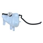 Diesel Grand Cherokee coolant reservoir showing a raised cap, curved hose and perforated lower mounting ears