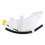Grand Cherokee coolant overflow reservoir with an angled chamber, yellow cap and a curved hose below