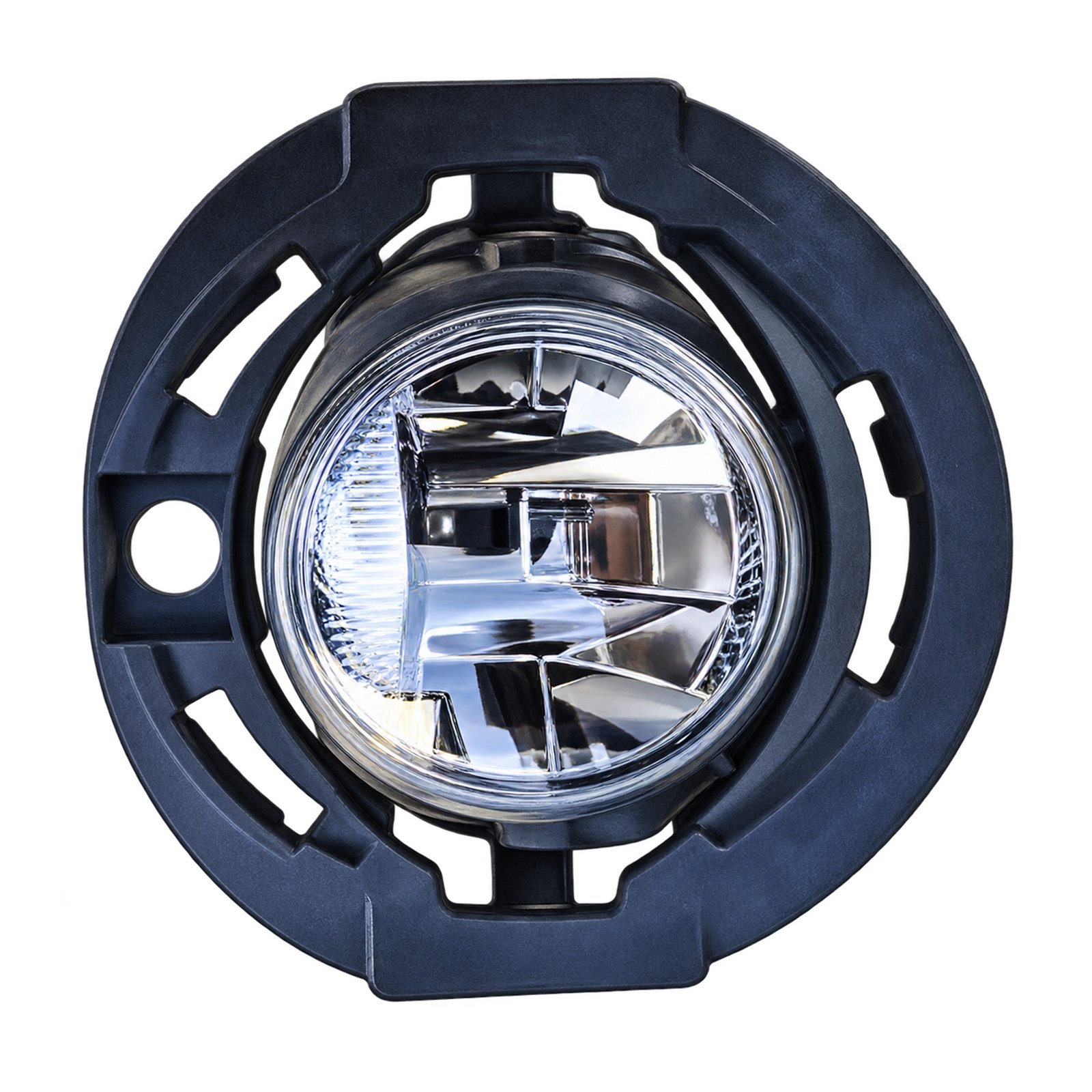 Grand Cherokee Fog Lamp – Circular Slotted Mount Grand Cherokee circular fog lamp in a wide mounting ring with curved slots and an offset round opening