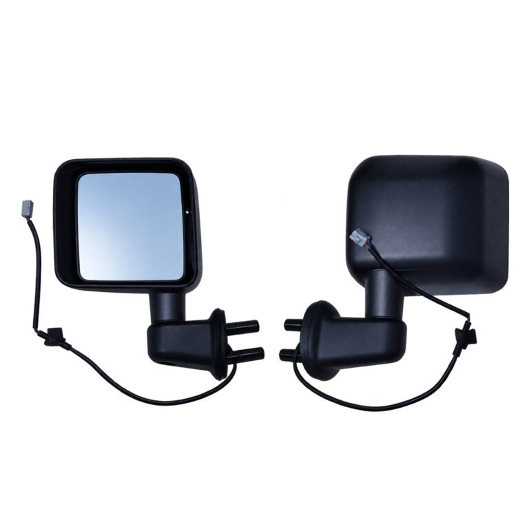 Jeep Wrangler Rubicon door mirrors showing rectangular glass, outer housing, short mounting arms and wiring connectors