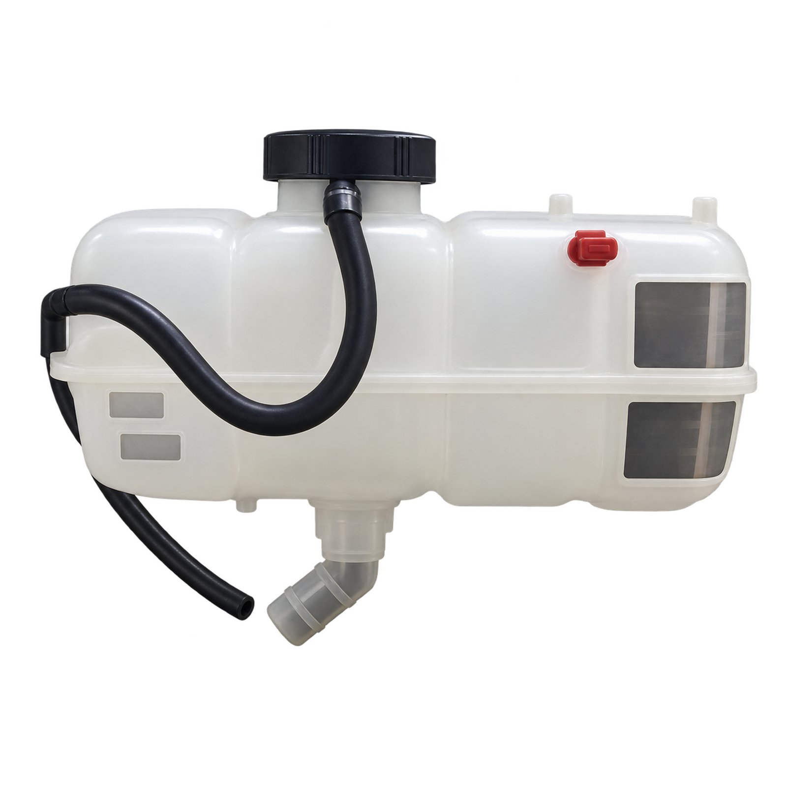 Auxiliary Water Reservoir 68251840AC Jeep Cherokee 2019 auxiliary water reservoir with a wide stepped body, upper filler neck and angled lower connection
