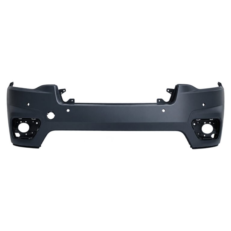 Cherokee upper front bumper with sensor openings across the face and large round lamp apertures in recessed corners