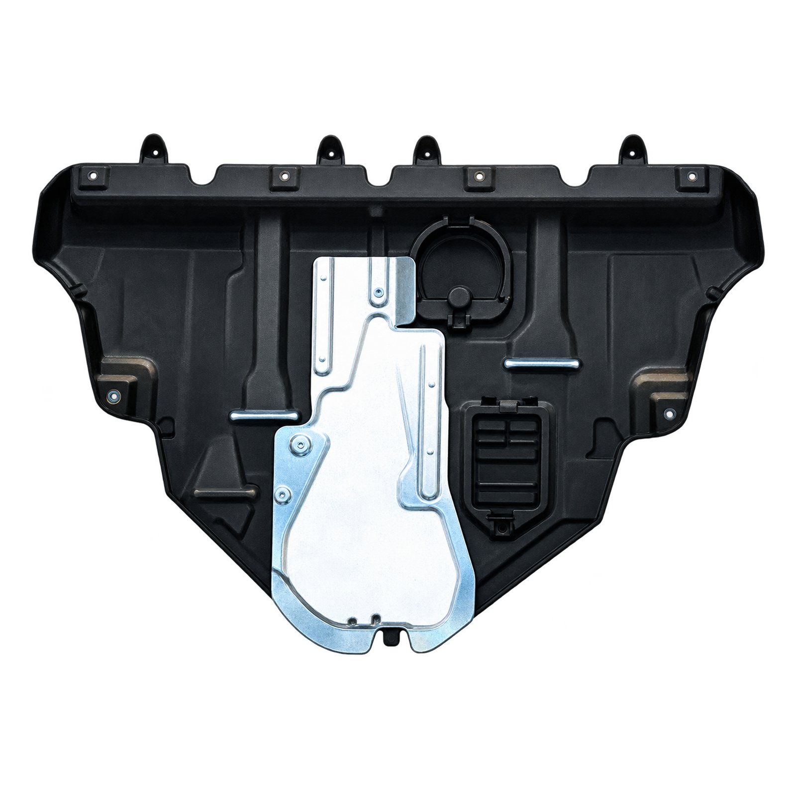 Cherokee Four-Wheel-Drive Shield with a Bright Centre Panel Cherokee four-wheel-drive engine shield with a bright elongated centre panel, rounded upper inset and ribbed lower inset