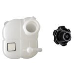 Cherokee coolant reservoir with two rounded body sections, raised filler neck, lower outlet and a cap shown beside it