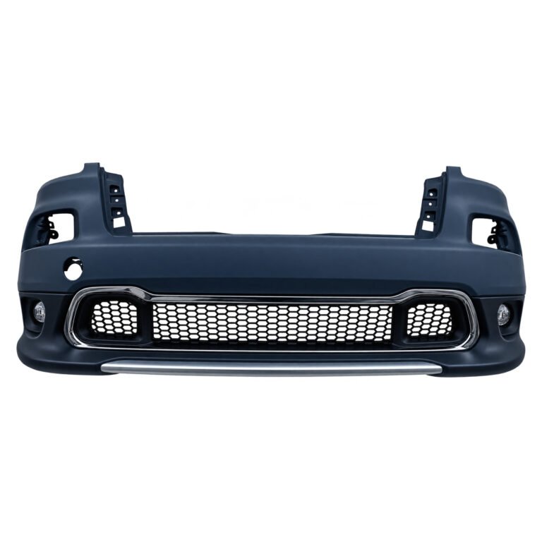 Cherokee front bumper assembly with a wide honeycomb centre grille, round corner lens faces and bright lower trim