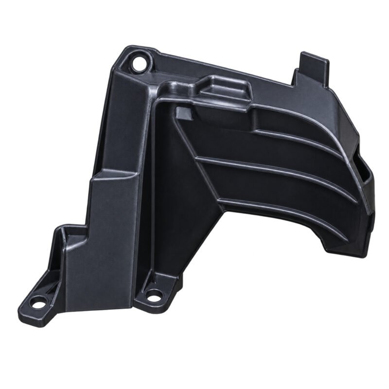 Cherokee front-section bumper bracket with curved face ribs, an upper round hole and two lower fixing feet