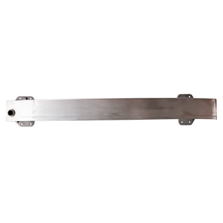 Cherokee front bumper reinforcement with a broad beam face, a round opening and upper and lower attachment pads