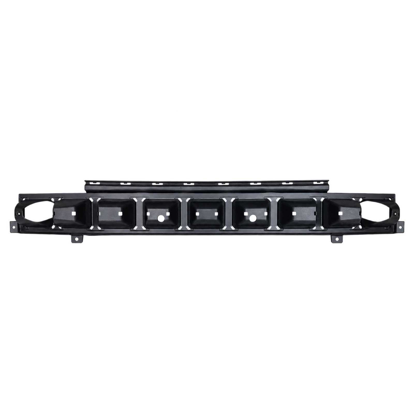 Cherokee Inner Front Bumper Bracket 68285713AA Cherokee inner front bumper bracket with repeated rectangular recesses, open ends and an upper slotted rail