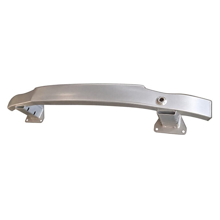 Cherokee rear bumper reinforcement with a curved stepped beam, two deep mounting feet and a round end opening