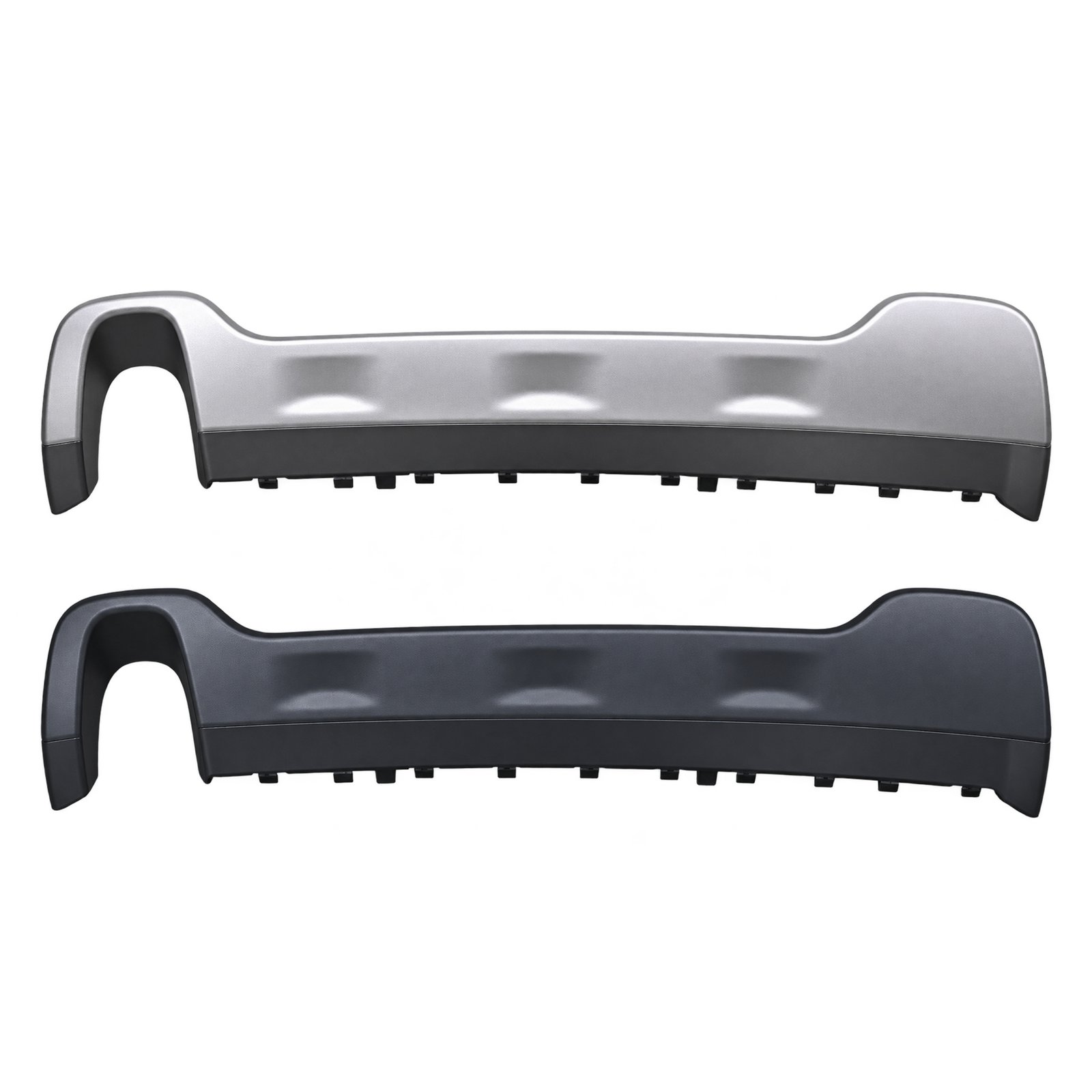 Cherokee Single-Opening Valance with Two Surface Options Cherokee rear valance shown in light and dark finishes, each with one exhaust opening and lower fixing tabs