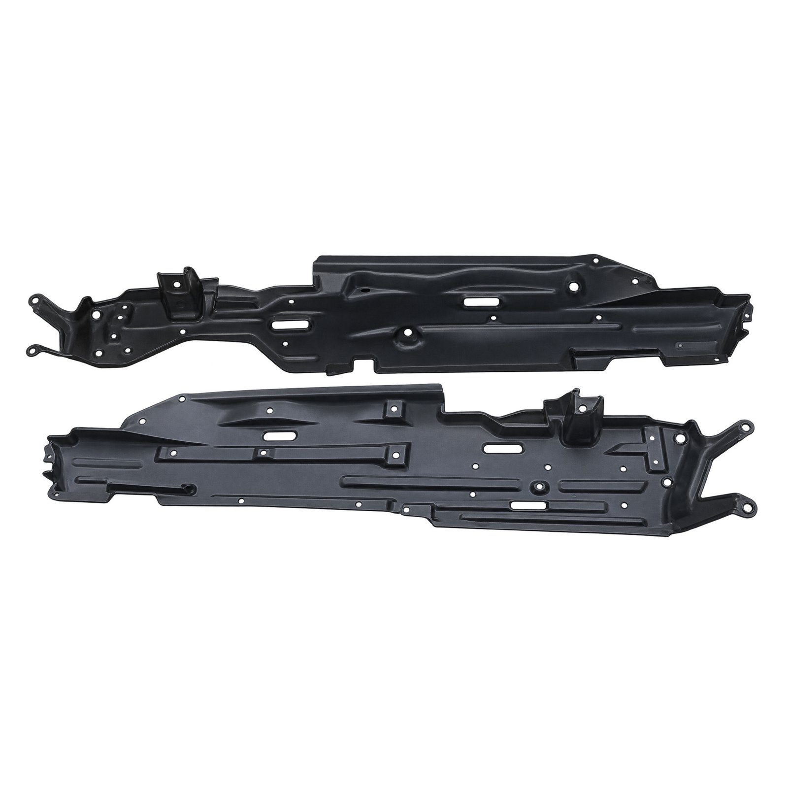 Cherokee Channelled Panels with Unequal End Profiles Cherokee underbody shield panels with elongated channels, slots, round holes and raised attachment points