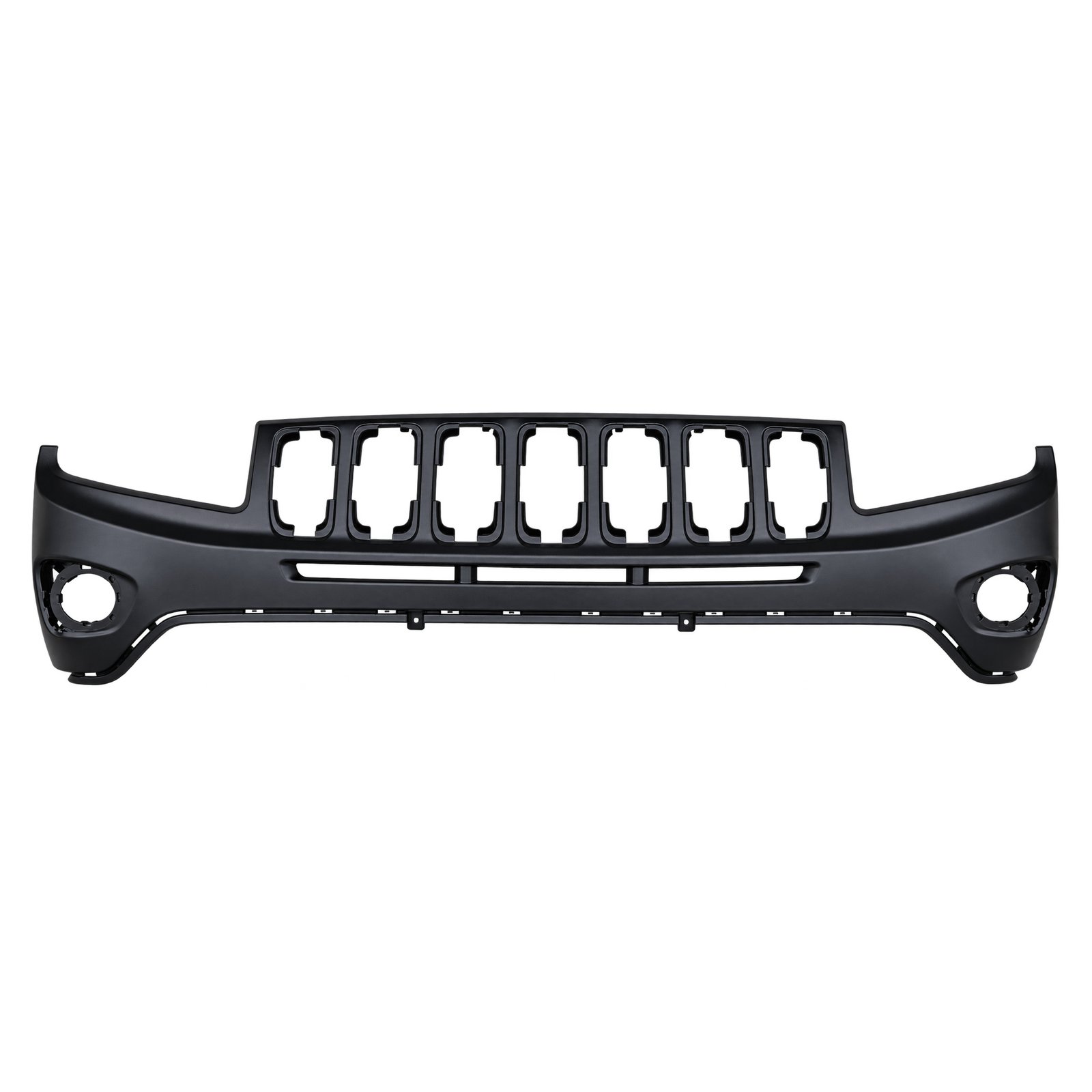 Compass Upper Front Section with Open Grille and Lamp Positions Jeep Compass upper front bumper with seven grille apertures, narrow lower opening and round corner holes