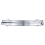 Compass front bumper reinforcement with horizontal face channels, upper and lower mounting ears and a round end opening