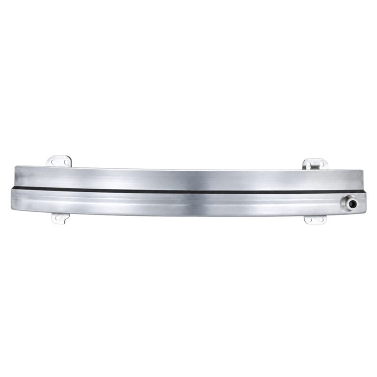 Compass front bumper reinforcement with horizontal face channels, upper and lower mounting ears and a round end opening