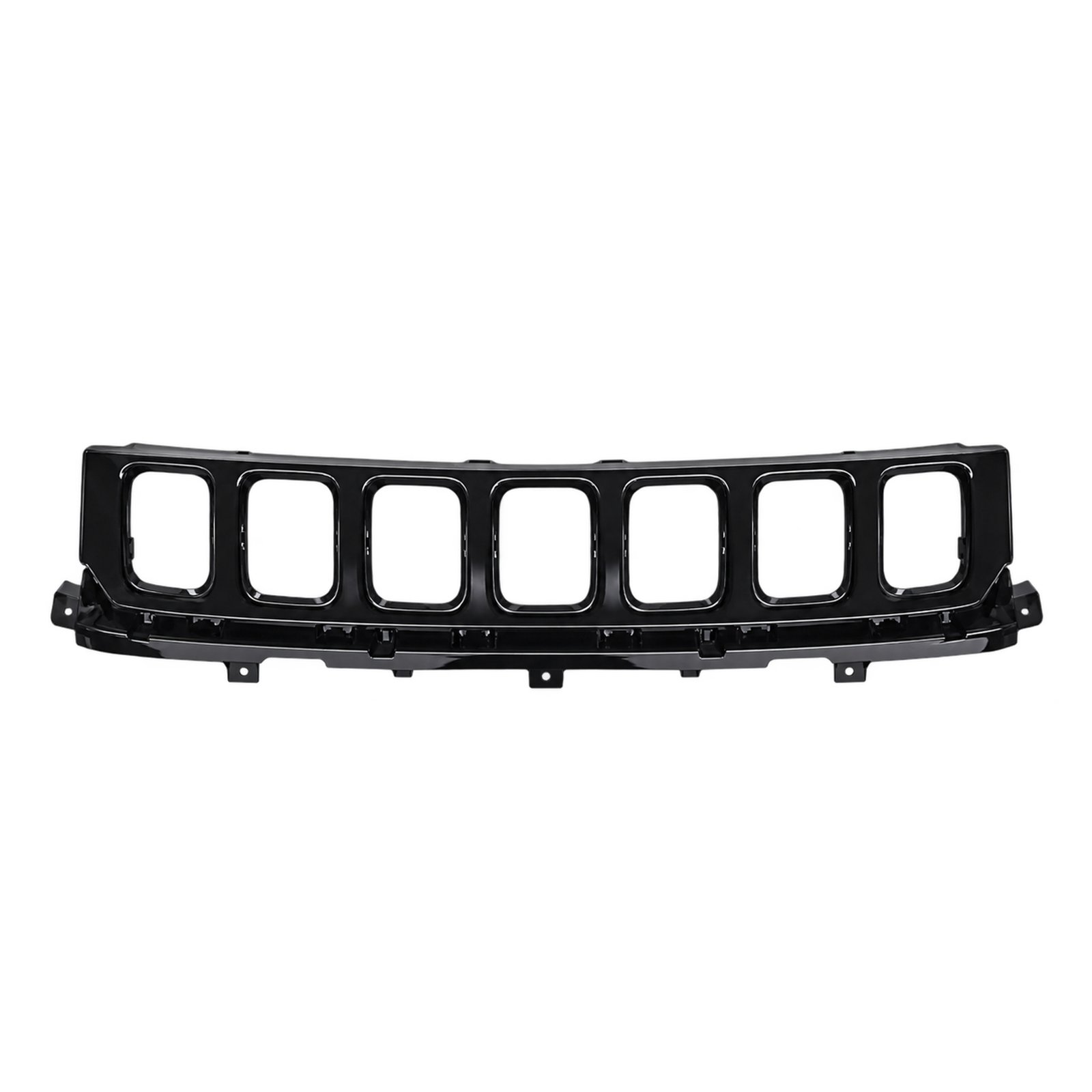Compass Black Upper Front Grille Frame Compass black upper grille frame with seven empty rounded rectangular openings and projecting lower mounting tabs