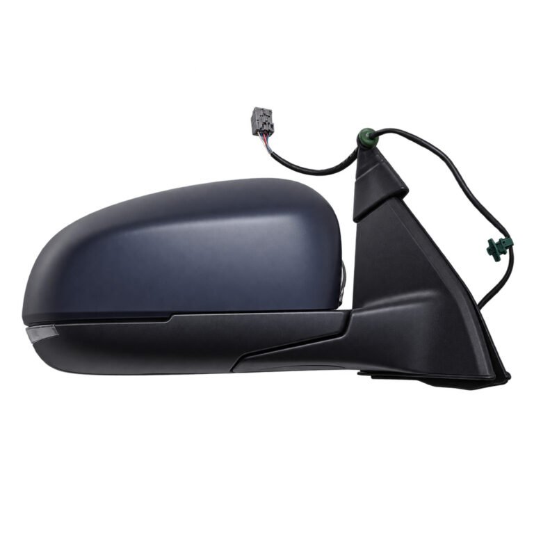 Compass door mirror with a rounded outer shell, thin clear lower section, tall triangular base and exposed cable lead