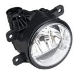 Compass fog light with a circular clear lens, internal reflector surfaces, deep housing and projecting mounting ears
