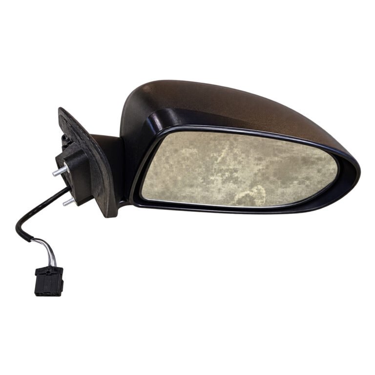 Jeep Compass door mirror with tapered glass outline, textured dark housing, mounting studs and a short connector lead