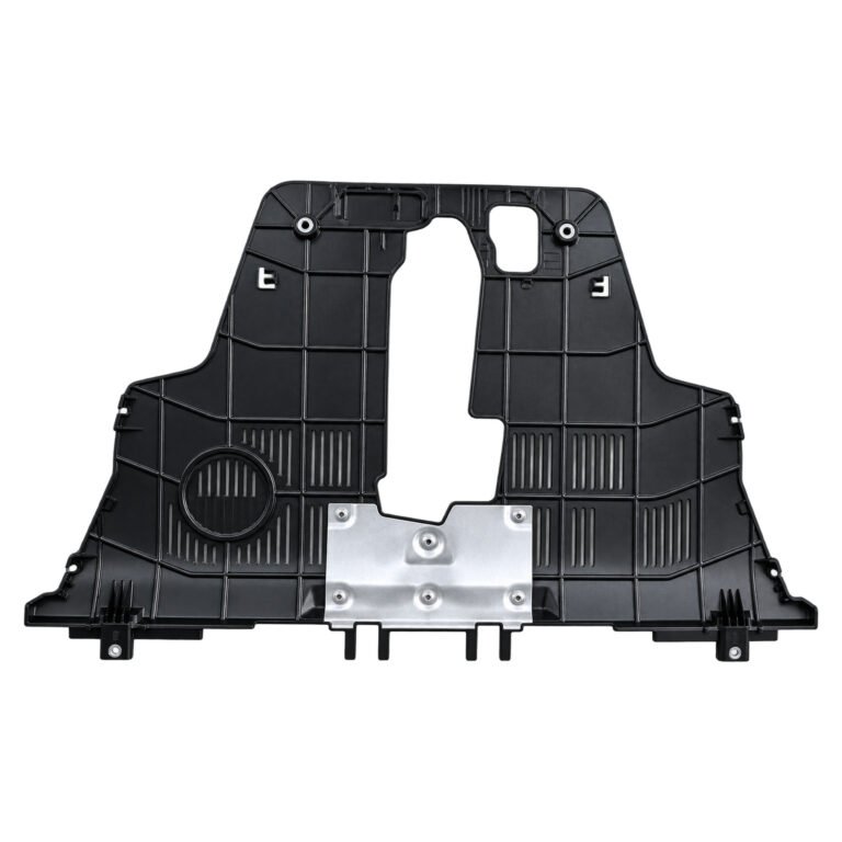 Compass engine underbody shield with a large central opening, rectangular ribs and a contrasting lower section