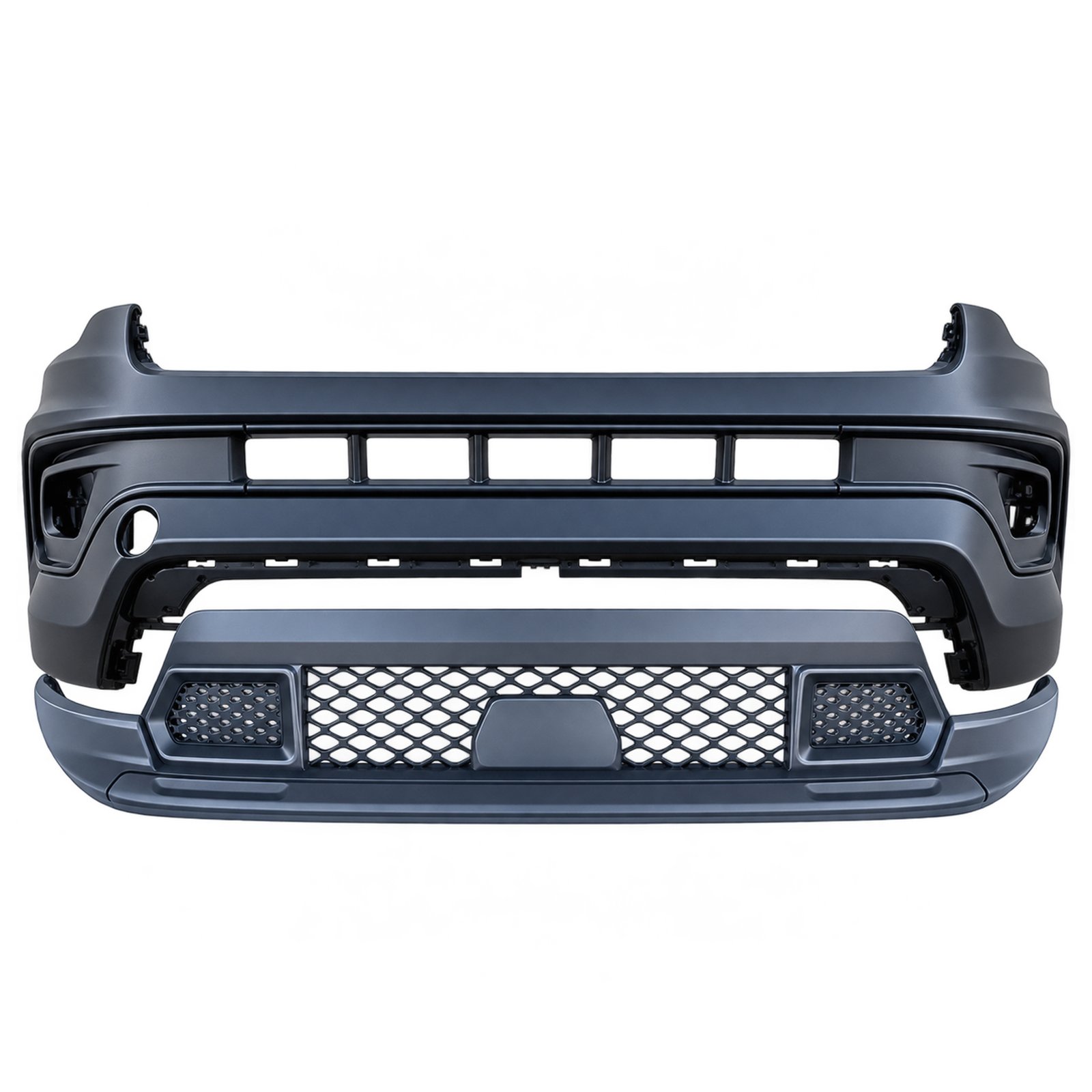 US 2.0 Front Bumper Assembly US 2.0 Jeep Compass bumper showing separate upper and lower sections with a solid patch interrupting the lower mesh
