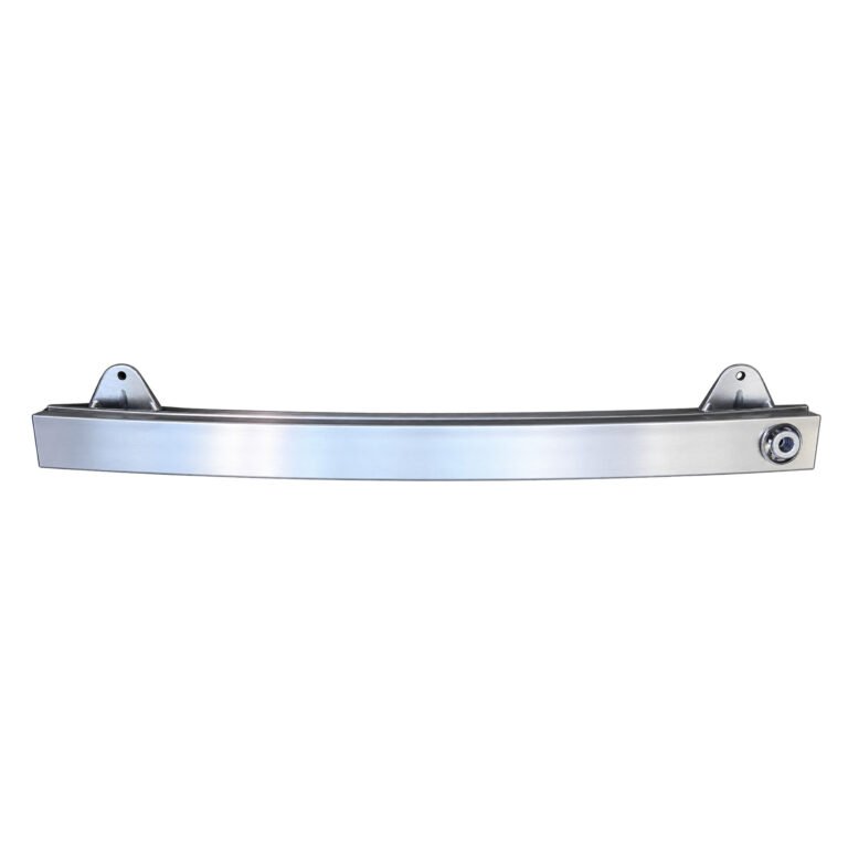 Grand Commander rear bumper reinforcement with a shallow curved face, two triangular upper ears and an offset threaded opening