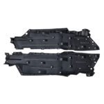 Two Grand Commander underbody shield shapes with long channels, stepped outer edges and multiple round fixing points