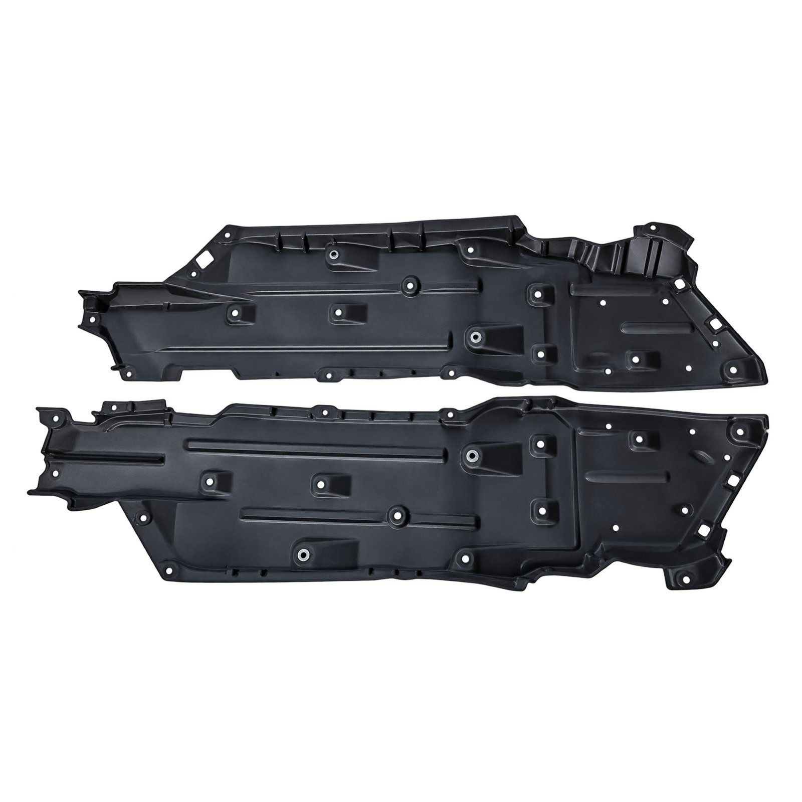 Grand Commander left and right underbody shield shapes Two Grand Commander underbody shield shapes with long channels, stepped outer edges and multiple round fixing points