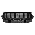 Wagoneer all-black grille with seven mesh-filled slots, a round central feature and a deep ribbed lower band