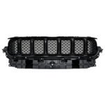 Wagoneer all-black grille with continuous staggered centre mesh, seven slot outlines and a ribbed lower base