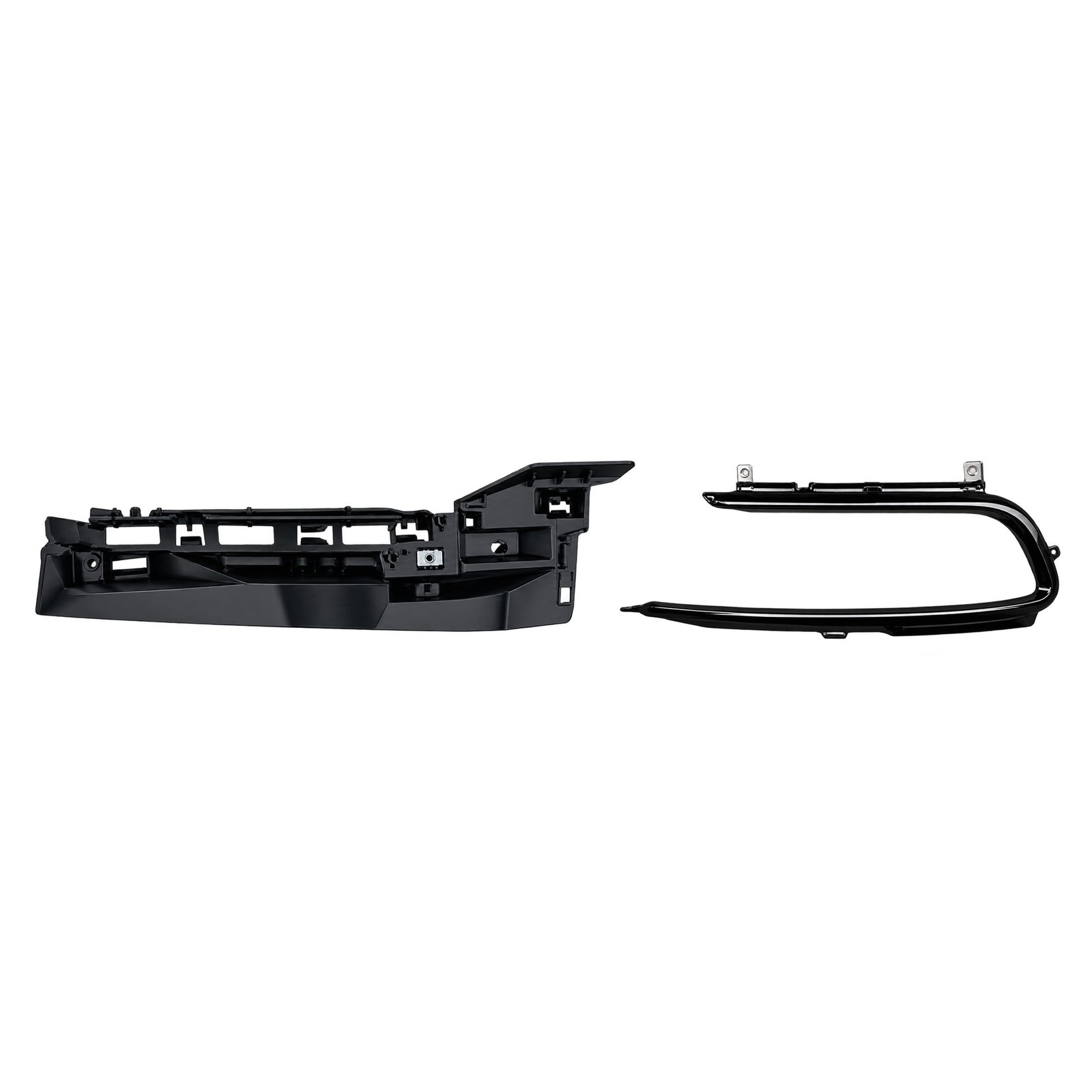 Jeep Wagoneer Headlight Bracket and Surround - Black Wagoneer black headlight surround beside a long stepped bracket with upright fixing ears