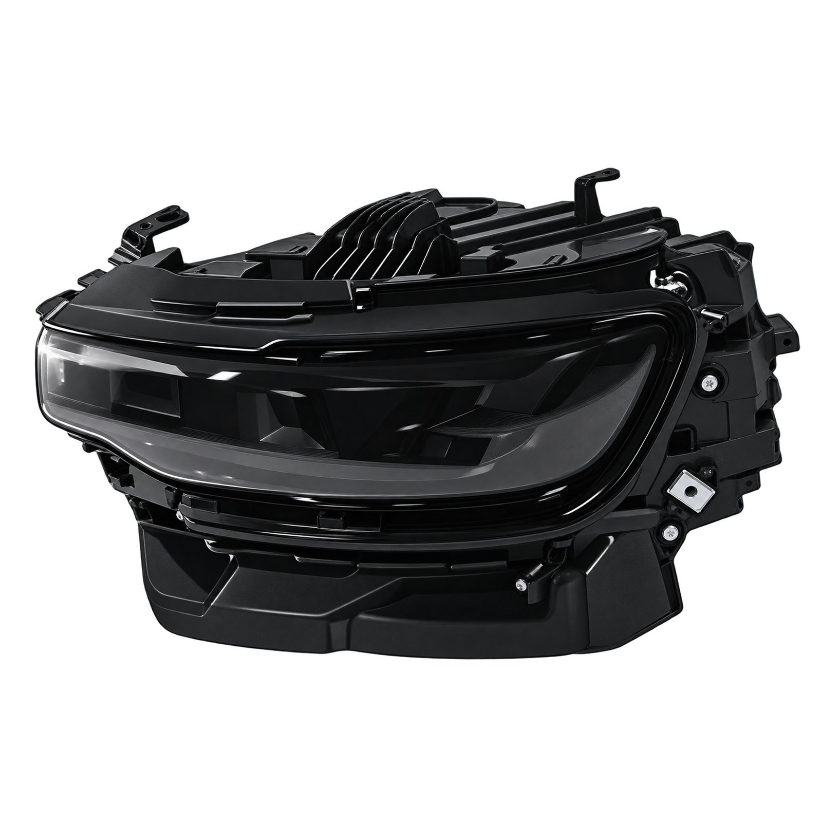 Jeep Wagoneer Headlight - Black Surround Wagoneer black-surround headlight with upper horizontal lens details, a deep housing and projecting attachment ears