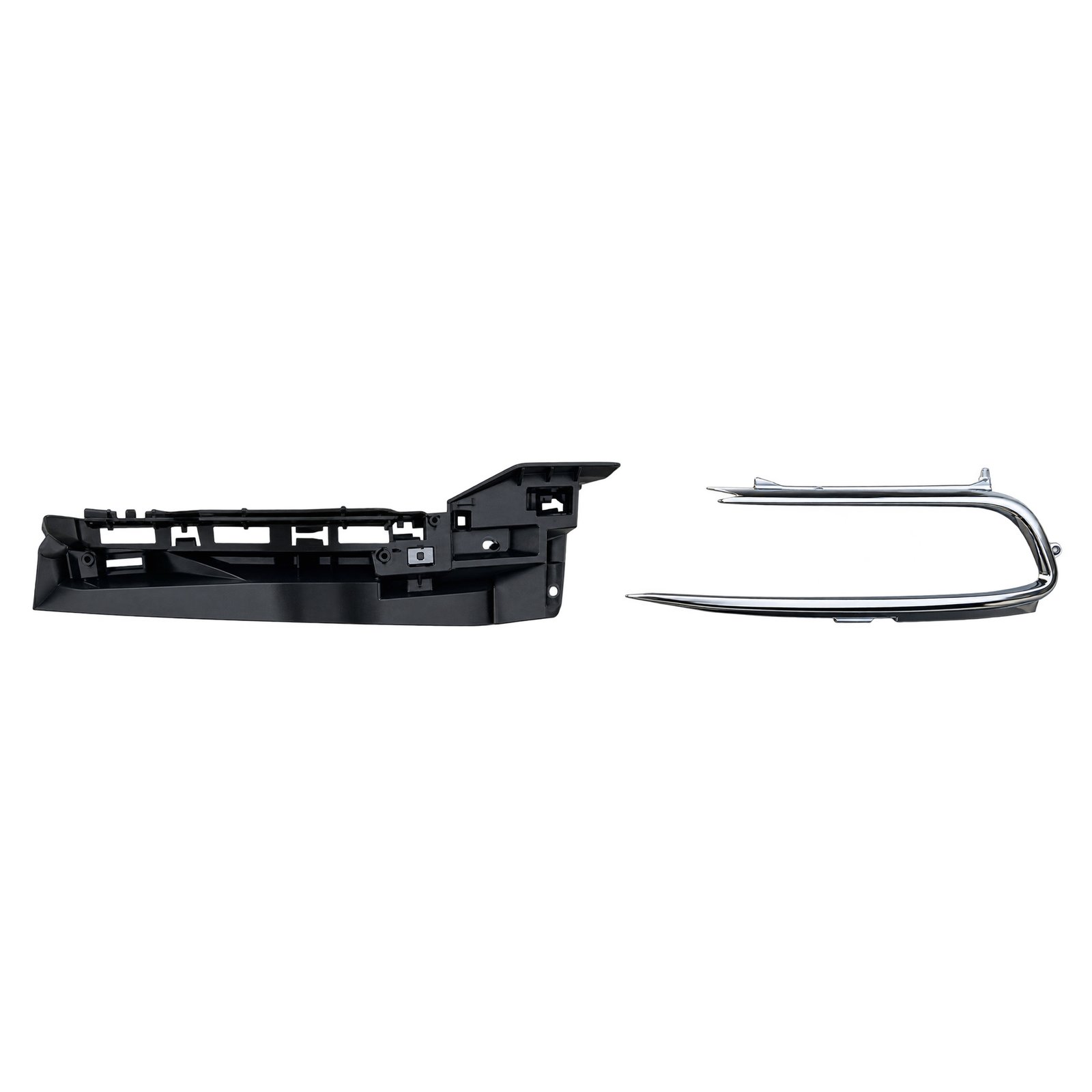 Jeep Wagoneer Headlight Bracket and Surround - Chrome Wagoneer headlight bracket with a stepped upper edge beside a bright open-ended surround trim