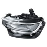 Wagoneer headlight with a bright curved surround, upper horizontal lens details and a deep dark housing