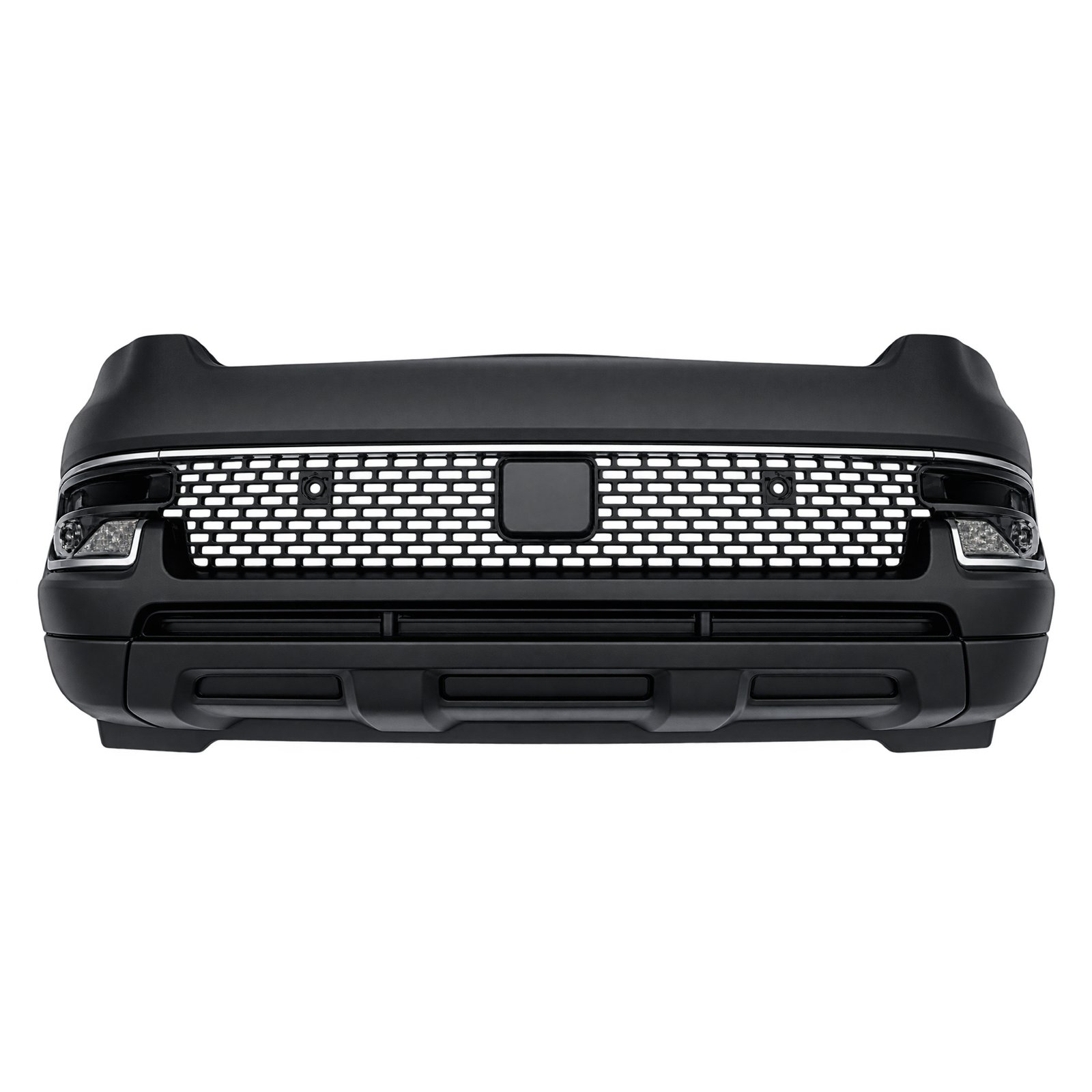 Jeep Wagoneer Front Bumper Assembly Wagoneer lower-trim front bumper assembly with staggered mesh, a square centre panel and three deep lower recesses