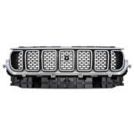 Wagoneer pearl nickel grille with bright slot borders, staggered mesh, a round centre feature and ribbed lower base