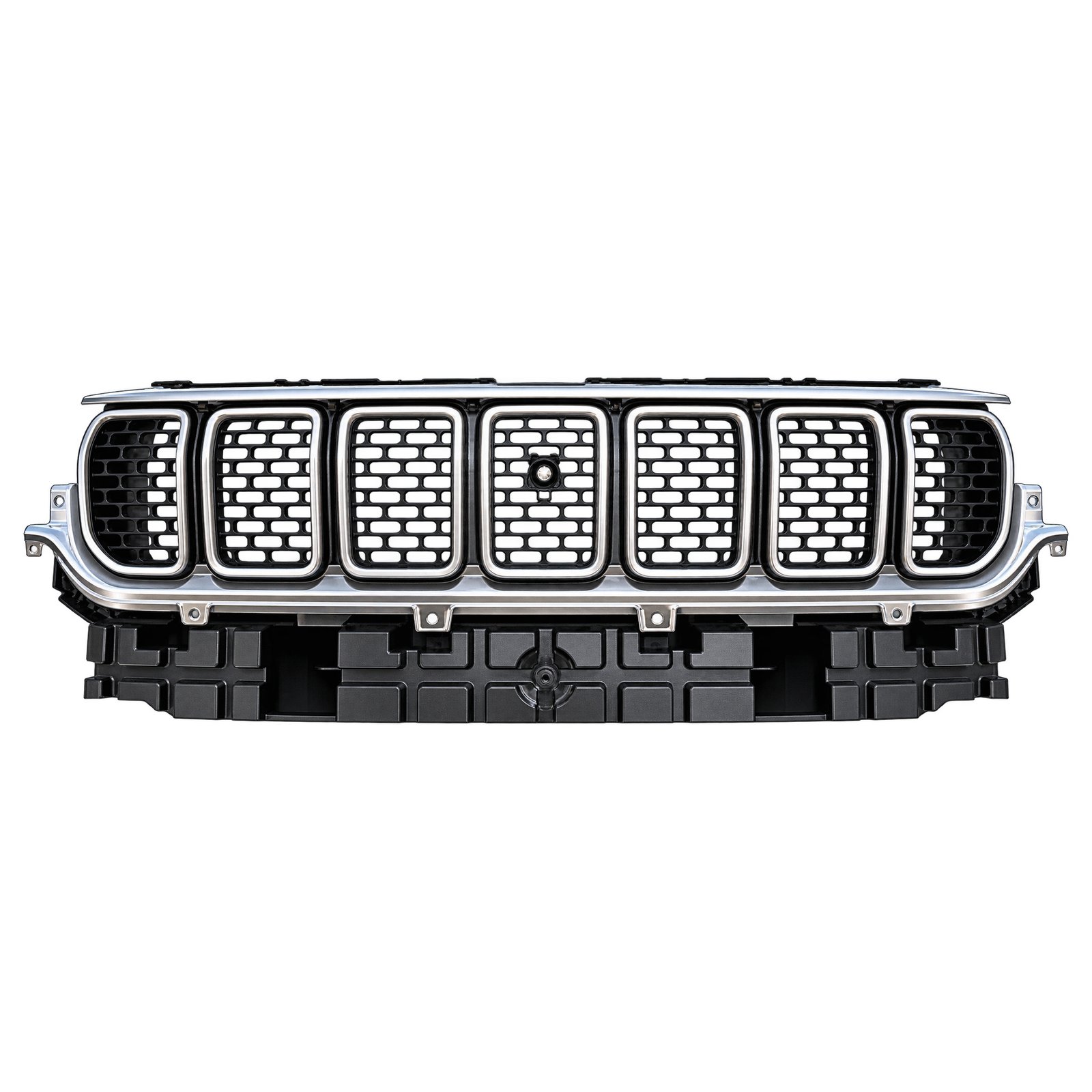 Jeep Wagoneer Grille Assembly - Pearl Nickel Finish - Camera-Opening Version Wagoneer pearl nickel grille with bright slot borders, staggered mesh, a round centre feature and ribbed lower base