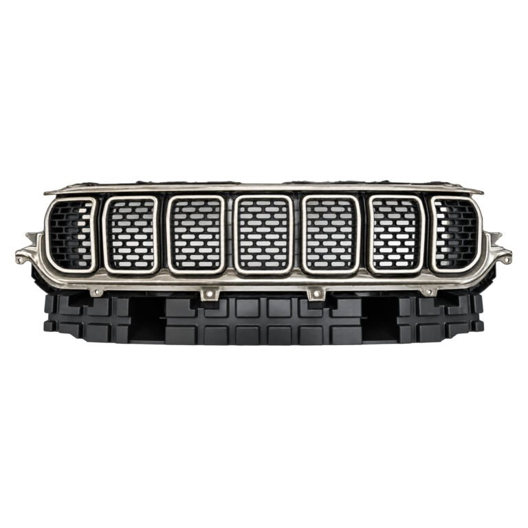 Wagoneer pearl nickel grille with bright slot borders, uninterrupted centre mesh and a deep ribbed lower base