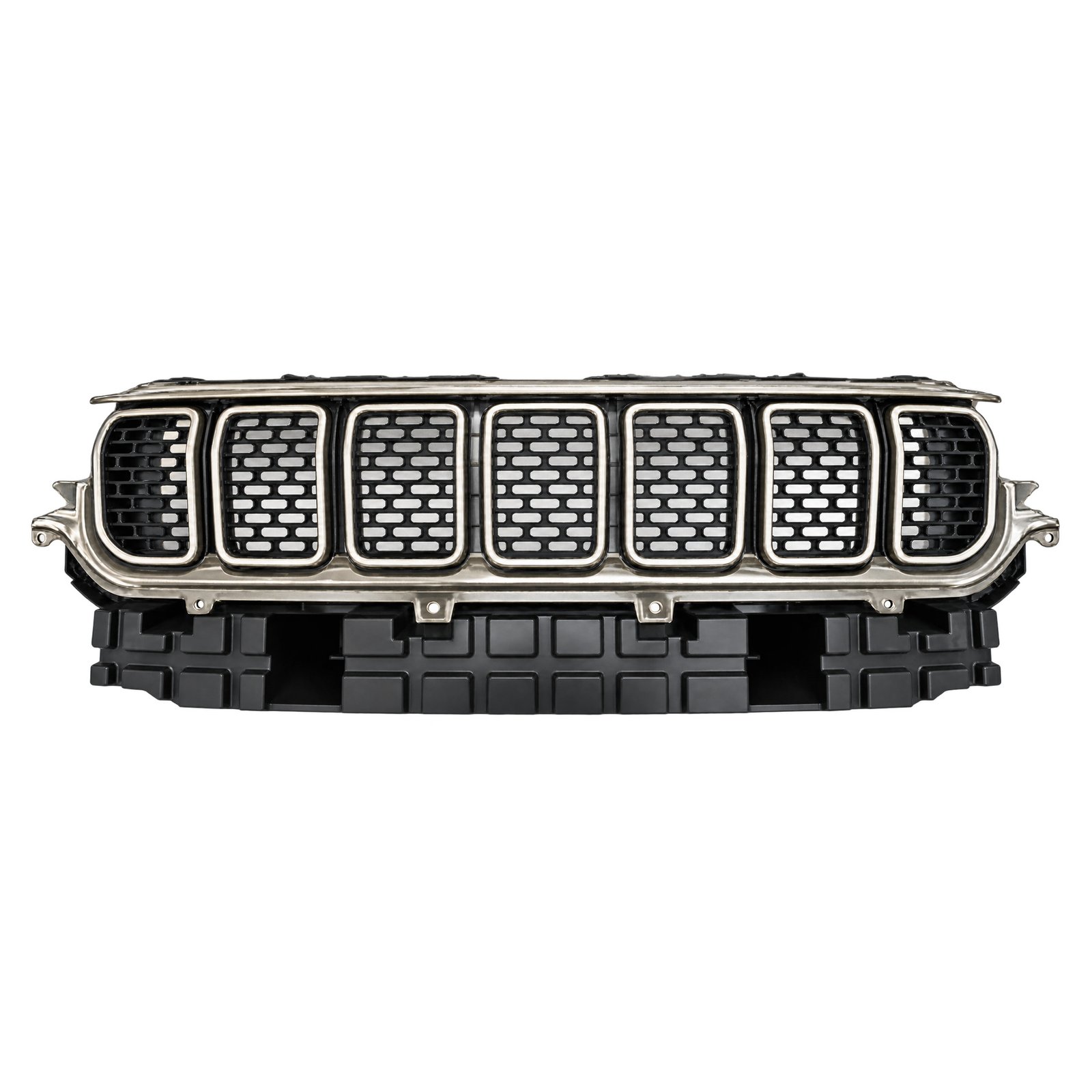 Jeep Wagoneer Grille Assembly - Pearl Nickel Finish - Without Camera Opening Wagoneer pearl nickel grille with bright slot borders, uninterrupted centre mesh and a deep ribbed lower base